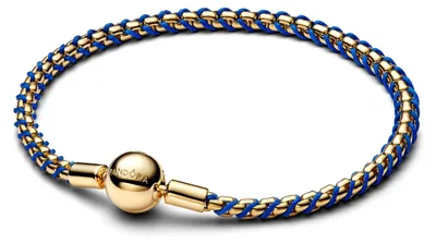 Obrázok produktu pre Náramok Pandora s modrou šnúrkou a retiazkovým vzorom, pozlátený 14-karátovým zlatom, 563816C02 – 19 cm