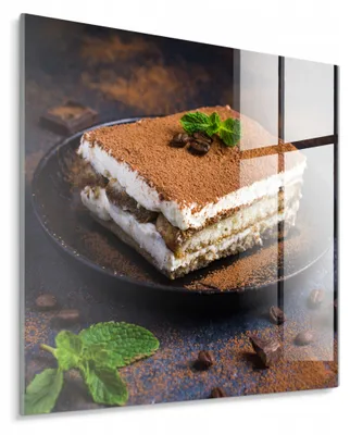 Obrázok produktu pre STYLER Sklenená obrazová tabuľa, 30x30 cm, motív: Tiramisu, kuchyňa. Dekoračný prvok do kuchyne, jedálne, kaviarne alebo cukrárne