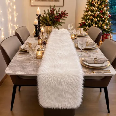 Produktbild von Tischläufer Kunstfell Weiß 30x180cm Flauschige Tischdeko Weihnachten