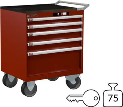 Produktbild von Lista Schubladenschrank - fahrbar - 78.608.070 - 962 x 717 x 572 mm (HxBxT) - 5 Schubladen - 75 kg - Key Lock - rubinrot (RAL 3003)