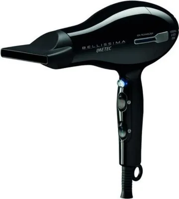 A black hair dryer is shown against a white background.