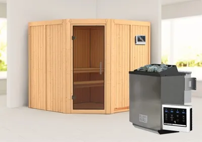 Produktbild von Karibu Sauna Innensauna Jarin Eckeinstieg Ofen 9 kW  externe Strg easy 196x196x198 cm ohne Dachkranz mit Graphittür