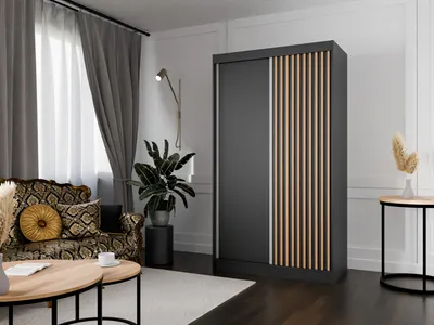 Produktbild von Kleiderschrank Lili mit Lamellen 120 cm inklusive 2 Schiebetüren Schwebetürenschrank Kleiderstange Garderobe Schrank Lieferung bis in die Wohnung Farbe: schwarz, schwarz, Lamelle wotan