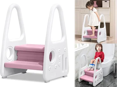 Image de ACXIN Tabouret pour enfants Tabouret à 2 marches Tour d'apprentissage Tabouret pour enfants Marchepied pour enfants debout en plastique Sécurité Structure pyramidale (rose)