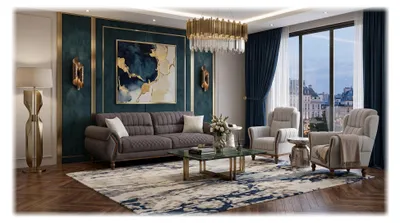 Immagine prodotto di Set di divani grigio-beige composto da un divano a 3 posti, due divani a 1 posto, rivestiti in tessuto, design moderno
