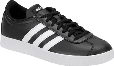 A black Adidas sneaker with white stripes and a white sole, shown from a side angle on a white background.