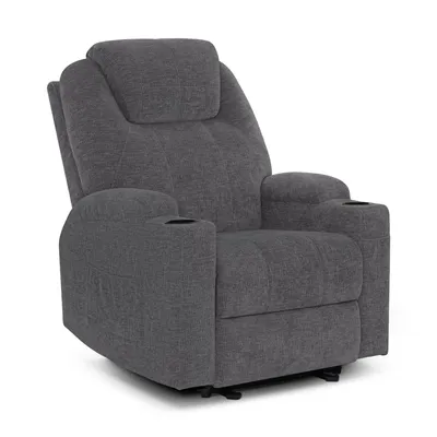 A gray recliner chair with cup holders on a white background.