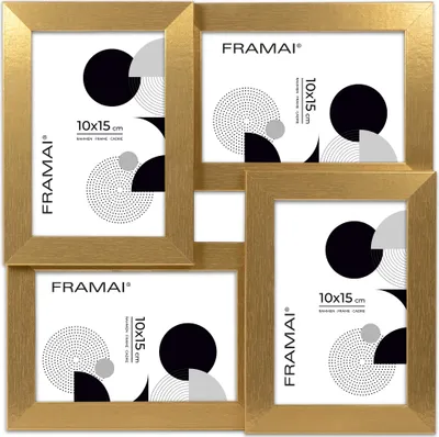 Zdjęcie produktu dla FRAMAI® Ramka wielokadrowa na 4 zdjęcia 10x15 cm – ramka na kolaż wykonana z płyty MDF z odpornym na pęknięcia pleksiglasem – nowoczesna i wszechstronna – wyprodukowana w UE, kolor złoty