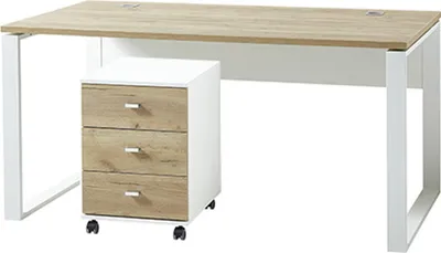 Produktbild von Büro Schreibtisch mit Metallkufen und Rollcontainer GENT-01 Navarra Eiche Nb. und weiß BxHxT ca. 158x75x79cm