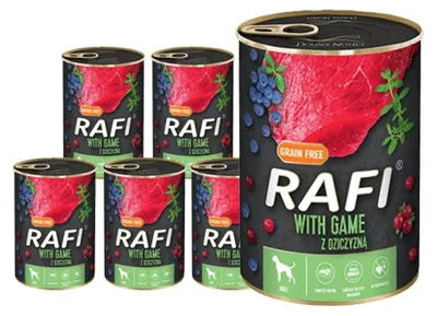 Zdjęcie produktu dla Rafi Mokra Karma dla Psów z Dziczyzną, Żurawiną i Borówką Puszka Zestaw 12 x 400 g