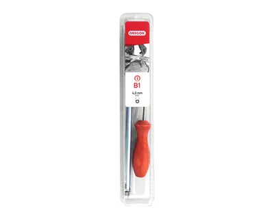A product shot of a chainsaw sharpening kit in its packaging.