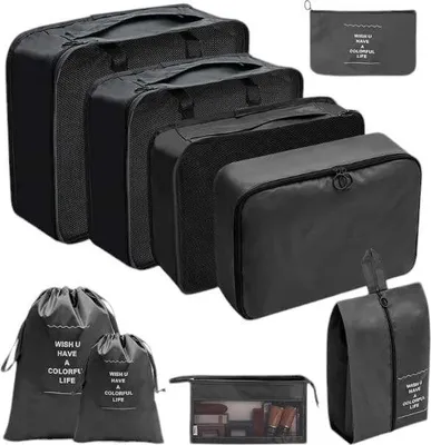 Immagine prodotto di Set di cubi da viaggio – 9 pezzi per organizzare al meglio la valigia – Marca X – Nero – Salvaspazio ed elegante
