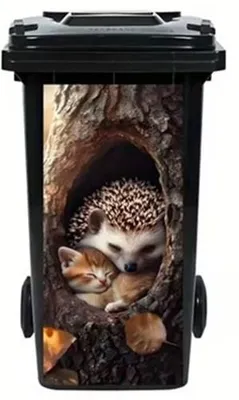 Produktbild von GKA Mülltonnenaufkleber Katze und Igel im Baumstamm Aufkleber für Mülltonne wasserdicht selbstklebend 82 cm