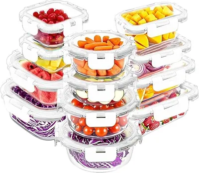 Imagen del producto de Conjunto de 24 recipientes de vidrio para conservar alimentos, herméticos, apilables, con tapa, libres de BPA, aptos para microondas, horno, congelador y lavavajillas, color blanco