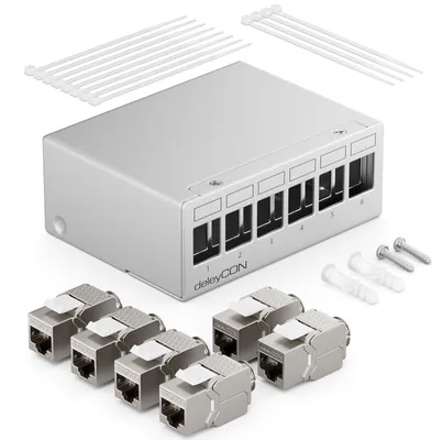Produktbild von deleyCON 6 Port Patchpanel Set Patchfeld Verteilerfeld 1HE + 6x RJ45 Keystone Jack Modul STP CAT6a Kompatibel mit Verlegekabel CAT5 CAT6 CAT6a CAT7 Netzwerkkabel Ethernet LAN DSL - Grau