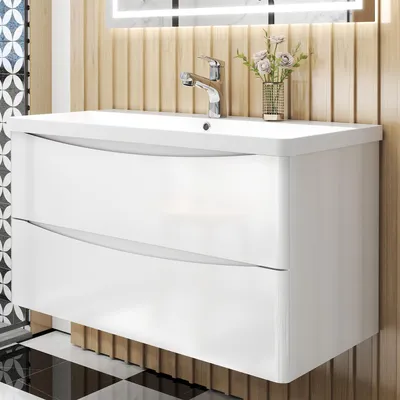 Produktbild von AICA Badmöbel-Set 100cm HALMON hochglanz Weiß Badezimmerschrank,Mineralgusswaschbecken mit Unterschrank,Badschrank mit 2 Schubladen