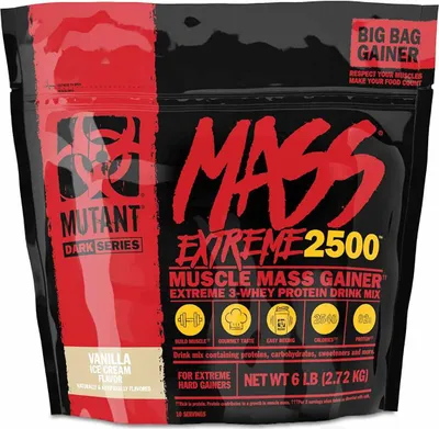 A bag of Mutant Mass XXXtreme 2500 muscle mass gainer.