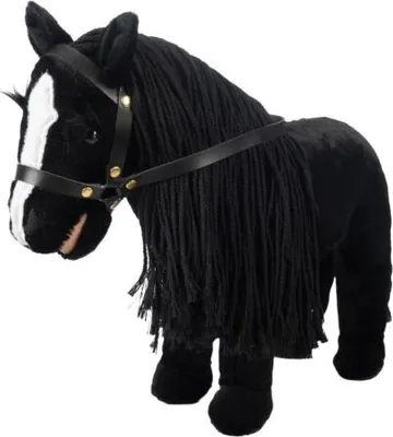 A plush toy horse with a black mane and a white blaze on its face, wearing a black bridle.
