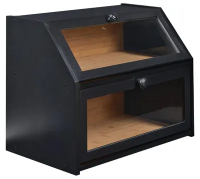 Produktbild von BELIANI Brotkasten Schwarz Bambus Zweistöckig 42 x 25 x 33 cm mit 2 Klappen 2 Griffen u. 2 Sichtfenstern Moderne Brotbox Lebensmittelaufbewahrung