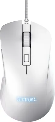 A white gaming mouse is shown from a top-down perspective against a white background.