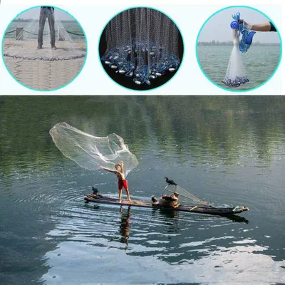Zdjęcie produktu dla 18ft 5.4M Cast Net Fishing Net Ręcznie formowana sieć wędkarska Nylonowa sieć wędkarska do łowienia na zewnątrz z ciężarkami