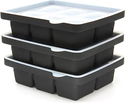 Produktbild von 3er-Set Eiswürfelformen, Silikon-Eiswürfelbehälter mit Deckel, stapelbare und spülmaschinenfeste Eiswürfelformen für Bier, Wein und Babysnacks (schwarz)