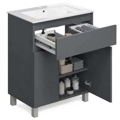Produktbild von paplinskimoebel- waschbeckenunterschrank Toilette Graphit 60 Gästebad Badmöbel Waschtische WC Badschrank Einle Regal Beine Hängend Türen Schublade Set