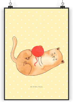 Produktbild von Mr. & Mrs. Panda Bild Katze Wolle DIN A3 - Gelb Pastell - Geschenk, Cats, Cat, wanddeko, Kunstdruck, Plakat, Putzig, Katzen, drucke, Spielen, Wandbild