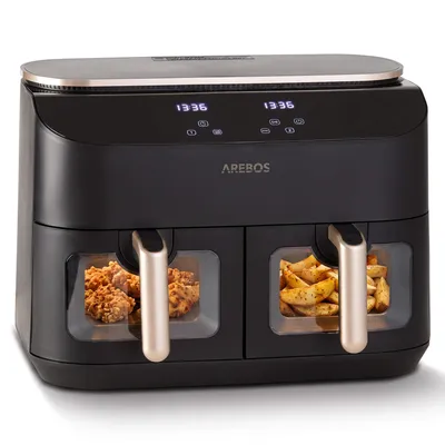 Image de AREBOS Friteuse à air double, 10 litres, 2450 W, 2 paniers de 5 litres, 8 programmes, fonction SYNC MATCH, fenêtre de visualisation, température réglable de 40 à 200 °C