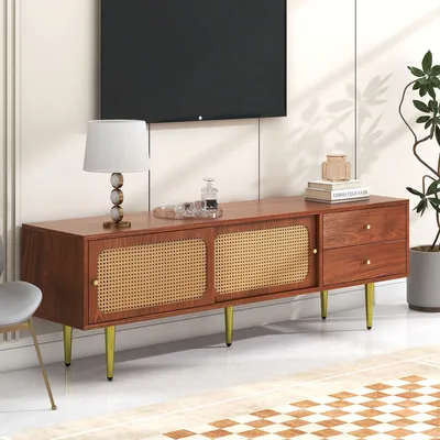 Produktbild von okwish Retro-Rattan-TV-Schrank, bodenstehender Stauraum, Wohnzimmermöbel, TV-Schrank mit 2 Schubladen, 2 Rattan-Schiebetüren, 4 Fächer, herausnehmbares Laminat