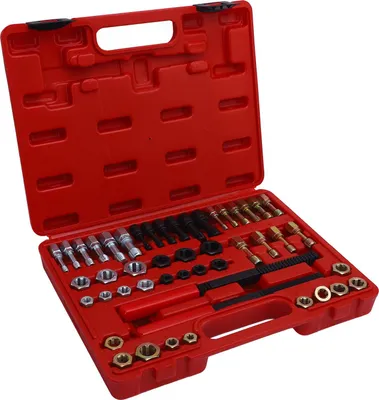 Imagen del producto de Kit universal de herramientas para roscar, que incluye 48 piezas: 22 machuelos métricos y SAE, 24 roscas métricas y SAE, y 2 limas para roscas