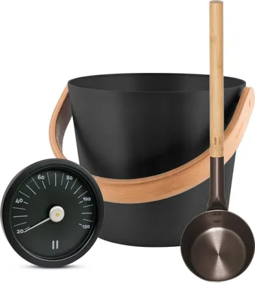 Produktbild von SET> Rento Saunakübel, Kelle + Thermometer aluminium SCHWARZ