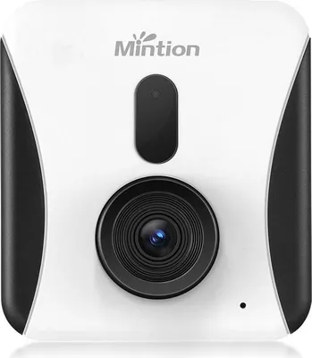 A white and black camera with a lens and a logo.