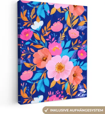 Produktbild von Leinwand Bilder 30x40 cm - Eklektisch - Blumen - Blau - Rosa, Bild Modern, Wanddeko, Gemälde