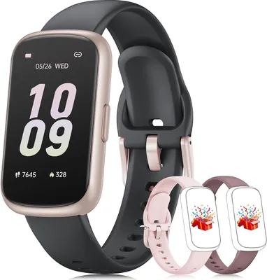 Produktbild von Smartwatch Damen Herren - 3 Armbänder, 1,47'' Klein Fitnessuhr als Fitness Tracker Aktivitätstracker Pulsuhr SpO2 Schlaftracker Schrittzähler Sportuhr für Android iOS, Roségold/Schwarz