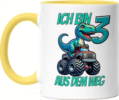 Produktbild von Kinder 3. Geburtstag Tasse Gelb Dino Dinosaurier Auto 3 Jahre Junge Monstertruck