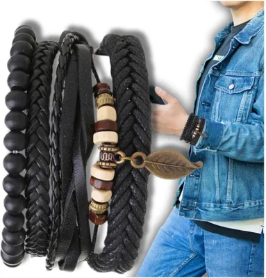 Image de Camerazar Set de bracelets en cuir pour hommes avec perles et pendentifs