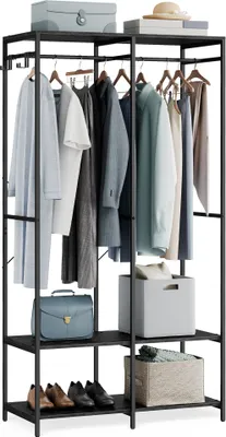 Produktbild von SONGMICS Kleiderschrank offen, Garderobenständer mit Kleiderstange, Ablagen, abnehmbare Haken, 40 x 94,5 x 180 cm, Ebenholzschwarz