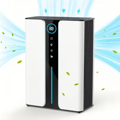 A digital air purifier with blue air flow graphics and green leaves.