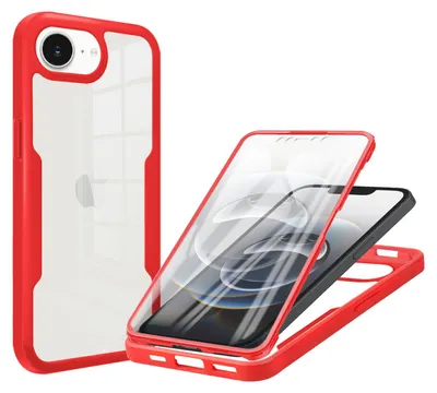A red and clear iPhone case is shown, with a phone inside the case on the right side of the image.