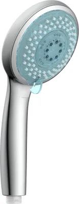 A close-up studio shot of a chrome hand shower head with a blue LED light.