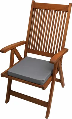 A wooden garden chair with a gray cushion, isolated on a white background.