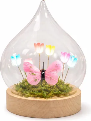 Produktbild von formano LED Deko Tropfen Blumen Schmetterling mit Holzsockel und Timer 17 cm