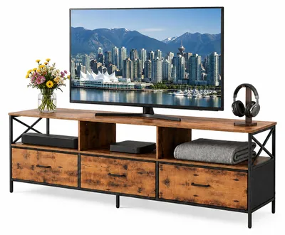 Zdjęcie produktu dla Relaxdays, szafka RTV, wymiary: 50 x 147 x 40 cm, 3 szuflady i półki, materiał: MDF, metal, tkanina, kolor: brązowy/czarny