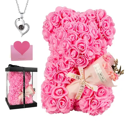 Rosenbär mit Rosenstrauß und Kette, rosa Teddybär, Geschenk für Sie