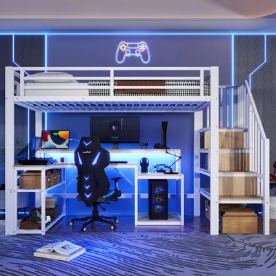 Produktbild von Flieks Etagenbett 90x200cm mit Schreibtisch und Ablagen, Jugendbett Hochbett mit Usb & Led, Kinderbett Stockbett mit Treppe, Metallbett Weiß