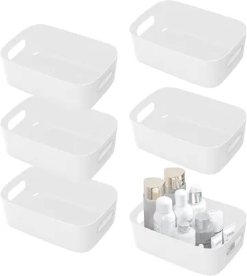 Productafbeelding van Opbergboxen van kunststof, 6 stuks, wit, met handgreep, geschikt voor badkamer en cosmetica