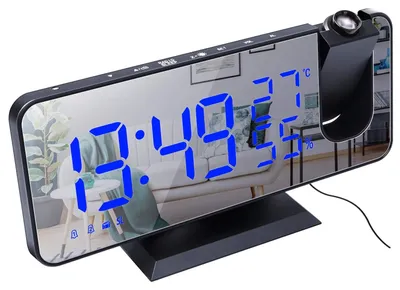 Image de Réveil projecteur numérique - Radio FM - Écran miroir 7,4 pouces - Noir et bleu - Projection pivotante 180°