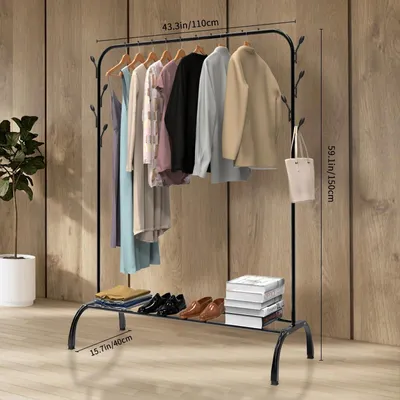 Zdjęcie produktu dla Wieszak na ubrania - metalowa stojak na odzież z półką - 8 haczyków - do samodzielnego montażu - 40x110x150 cm - maksymalne obciążenie 30 kg - do sypialni