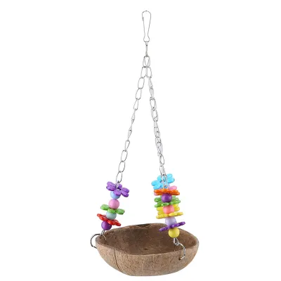 Image de Jouet à balancer pour oiseaux et perroquets en coques de noix de coco, jouet suspendu en fil de fer, jouet à mâcher